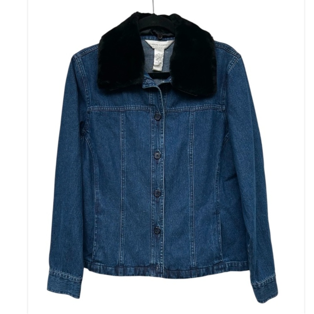 NWT denim jean jacket faux fur collar L 12